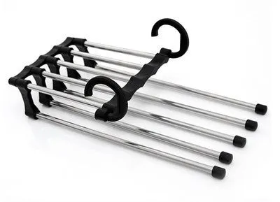 Black stainless steel magic wardrobe hanger with five booms for trousers.