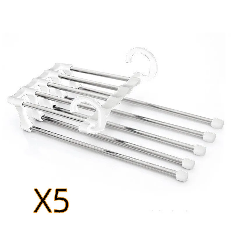 Black stainless steel magic wardrobe hanger with five booms for trousers.
