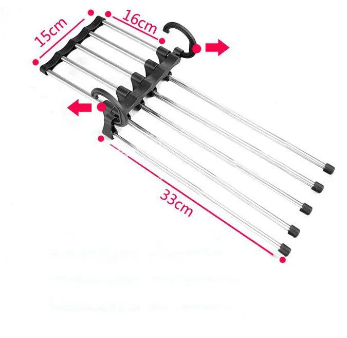 Black stainless steel magic wardrobe hanger with five booms for trousers.