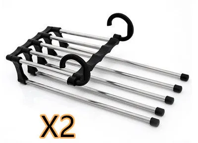 Black stainless steel magic wardrobe hanger with five booms for trousers.