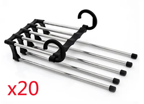 Black stainless steel magic wardrobe hanger with five booms for trousers.