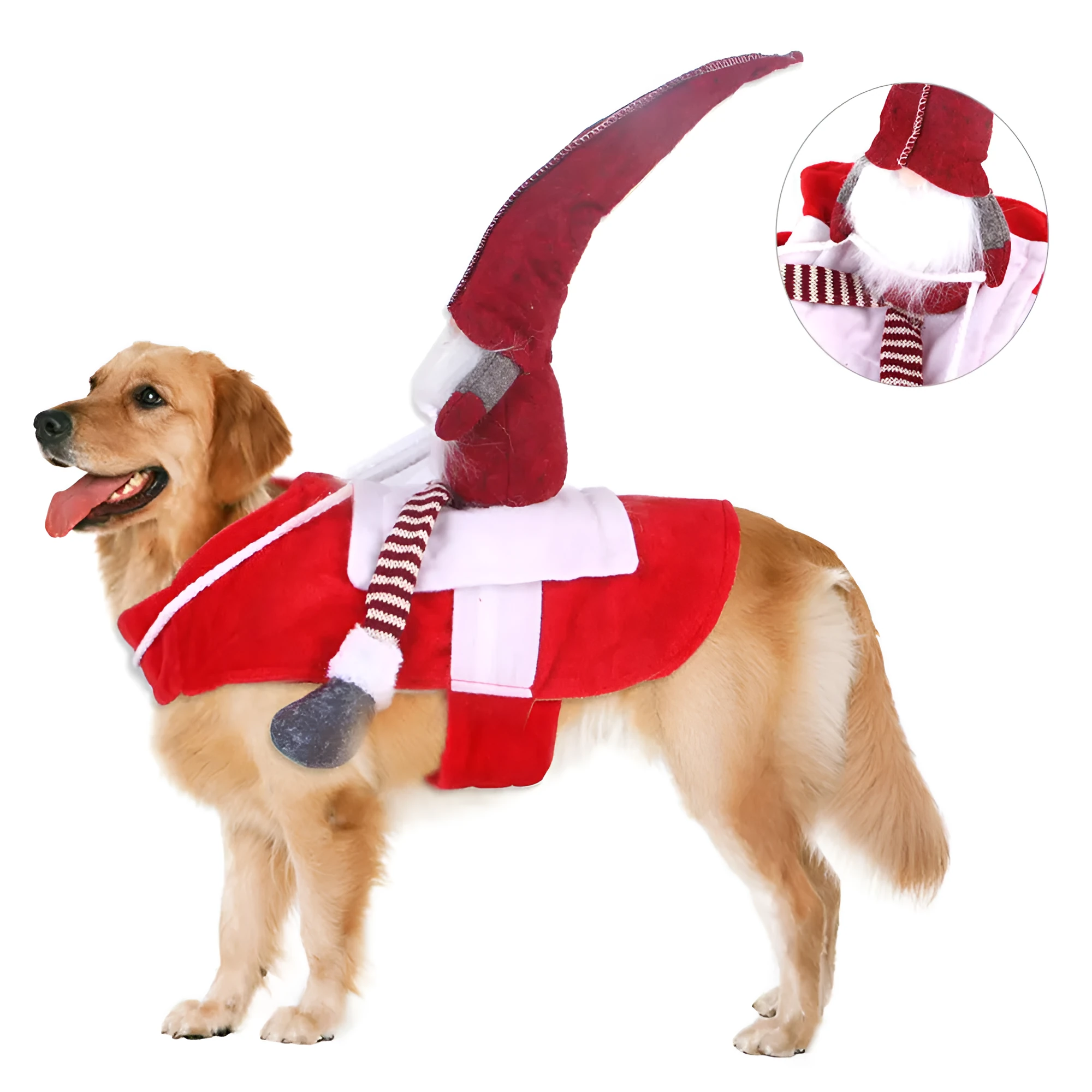 Red Santa Claus pet costume with flannel fabric and Velcro closure for dogs and cats at Christmas