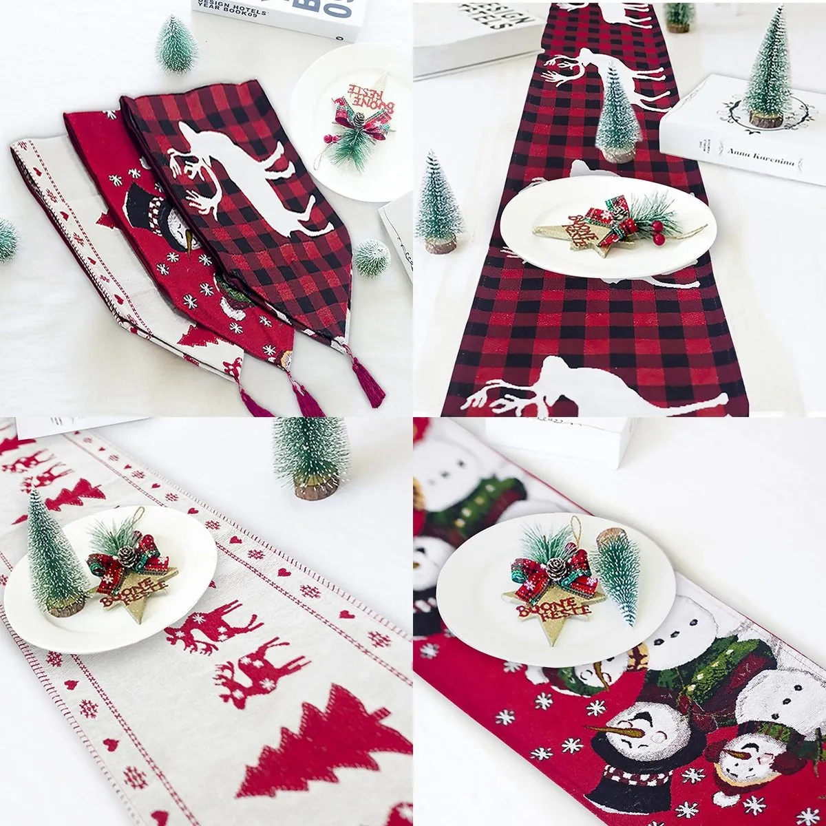 Red, white, and green Christmas table runner with elk and snowman print on a wooden dining table.