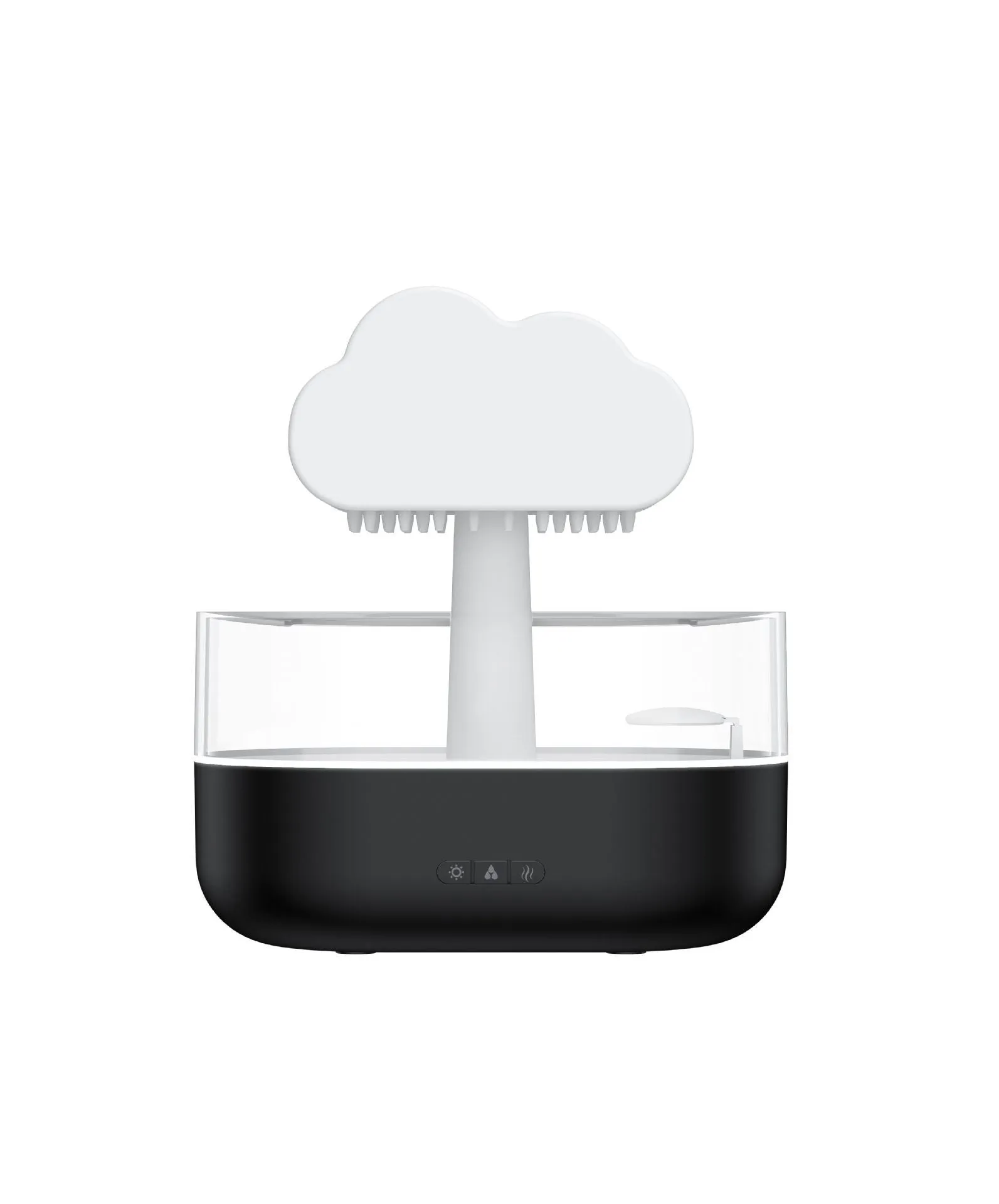 White cloud-shaped humidifier diffuser with multi-colour LED lights on a wooden surface.