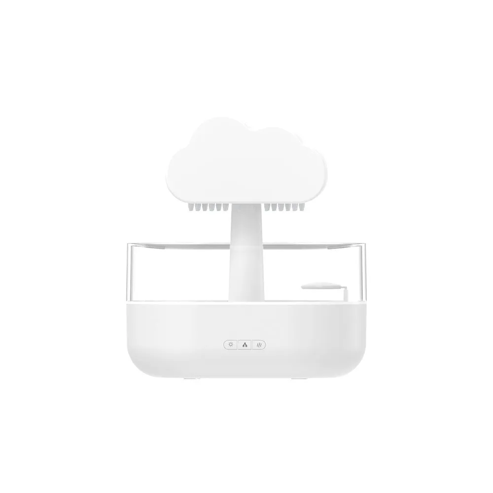 White cloud-shaped humidifier diffuser with multi-colour LED lights on a wooden surface.