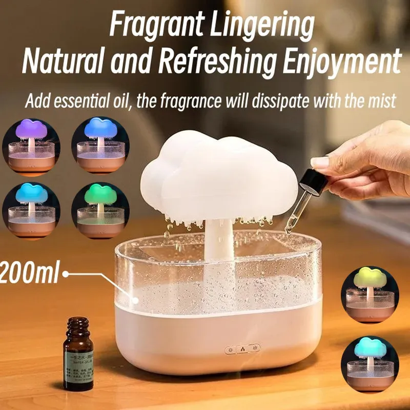 White cloud-shaped humidifier diffuser with multi-colour LED lights on a wooden surface.