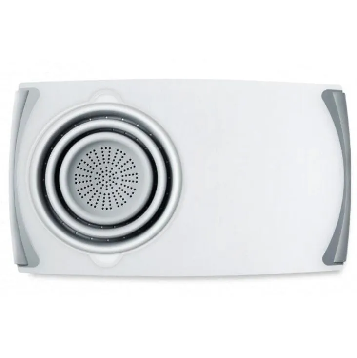 Grey 3-in-1 chopping board with detachable folding drain basket on a kitchen counter.