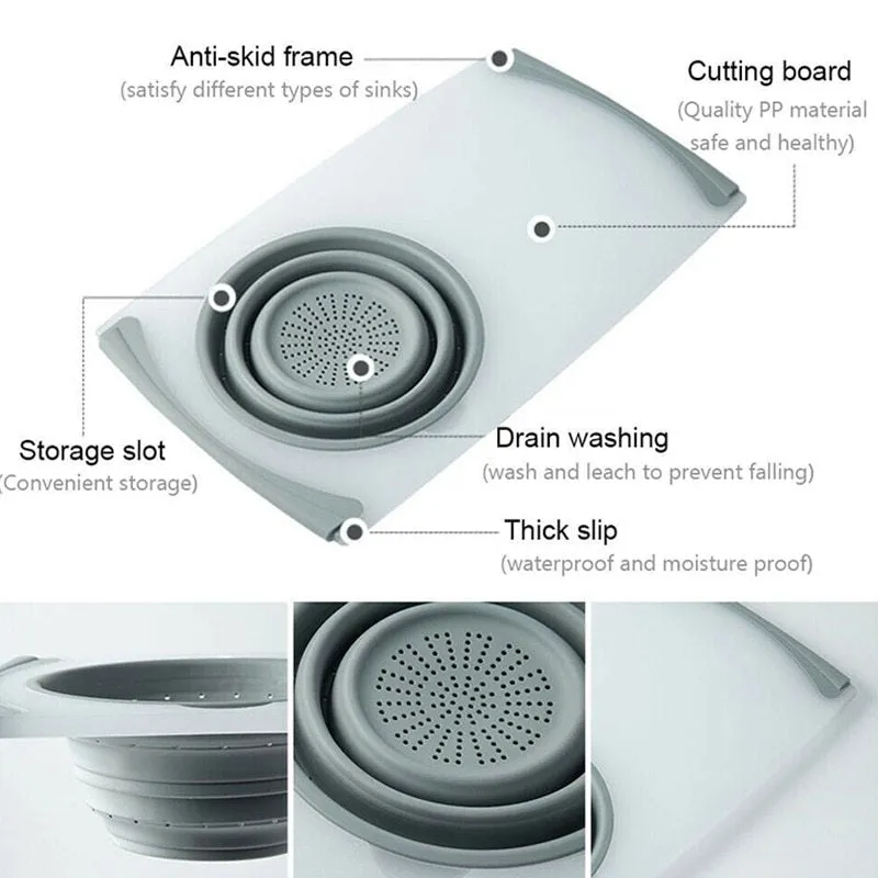 Grey 3-in-1 chopping board with detachable folding drain basket on a kitchen counter.