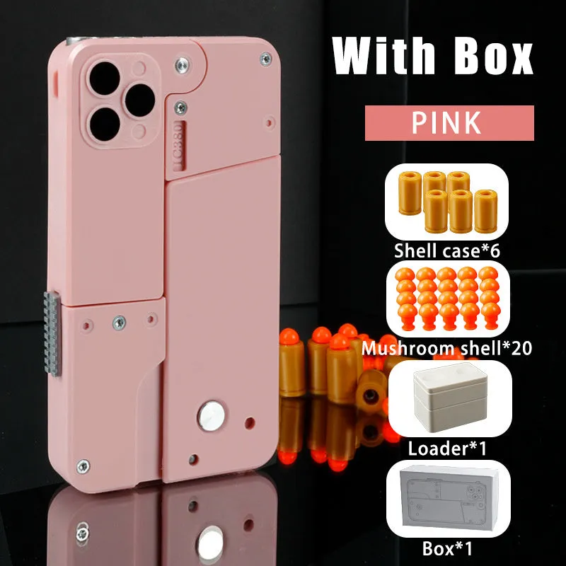 Folding mobile phone toy dart blaster in pink showing double barrels and safe EVA foam bullets