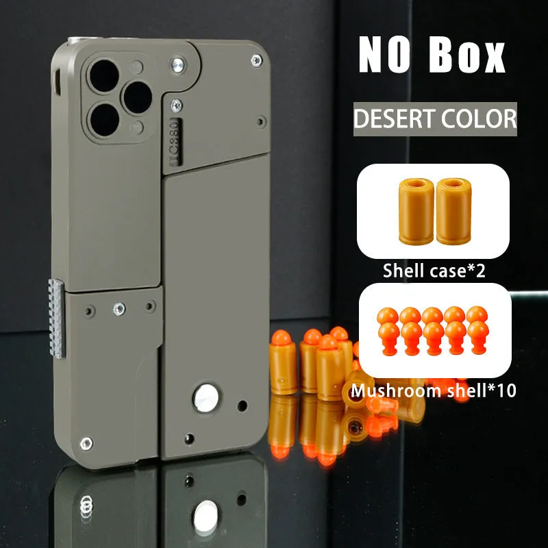 Folding mobile phone toy dart blaster in pink showing double barrels and safe EVA foam bullets