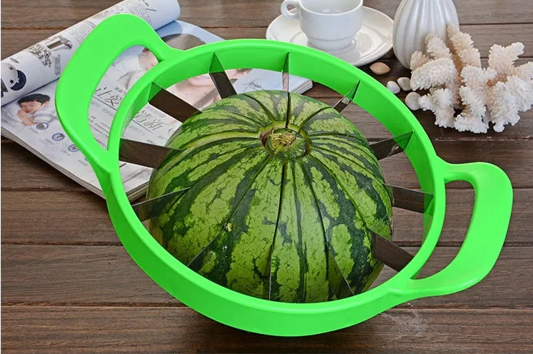 Green plastic melon slicer with stainless steel blades cutting a watermelon into wedges.