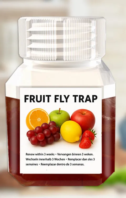 Bottle of SK003 fruit fly trapper bait liquid on a kitchen counter.