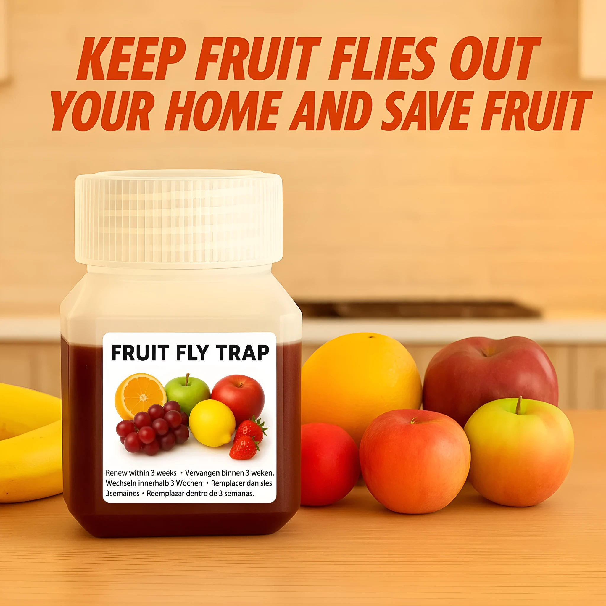 Bottle of SK003 fruit fly trapper bait liquid on a kitchen counter.