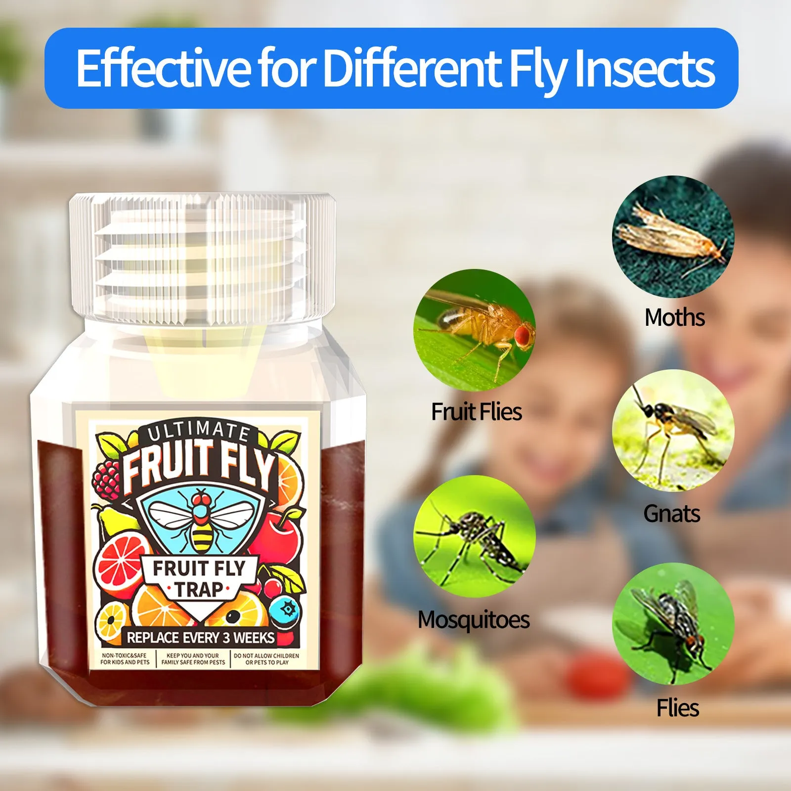 Bottle of SK003 fruit fly trapper bait liquid on a kitchen counter.