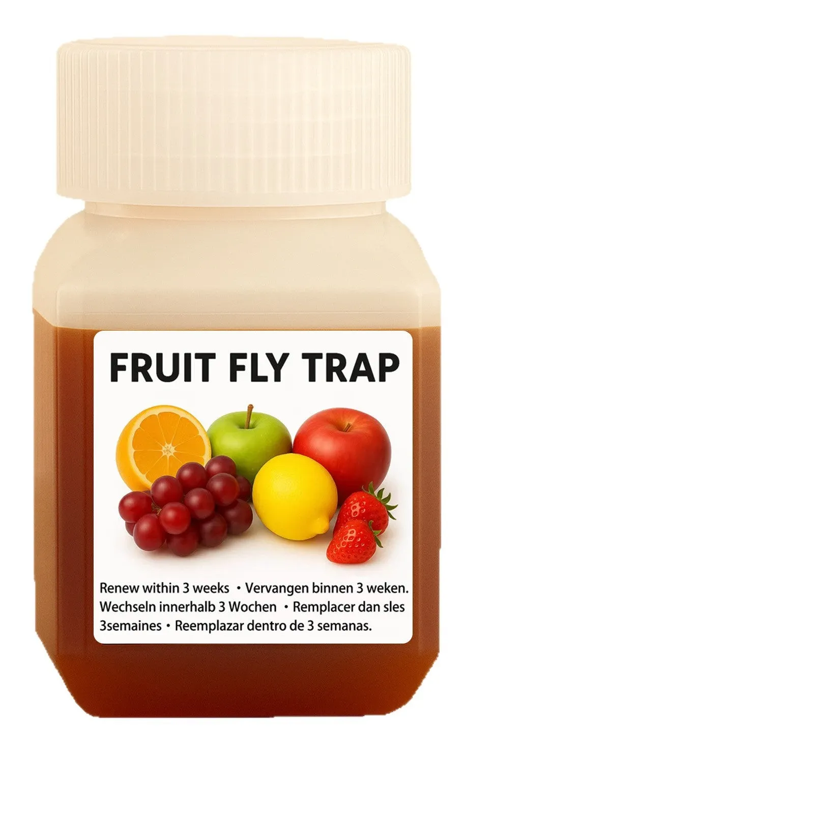 Bottle of SK003 fruit fly trapper bait liquid on a kitchen counter.