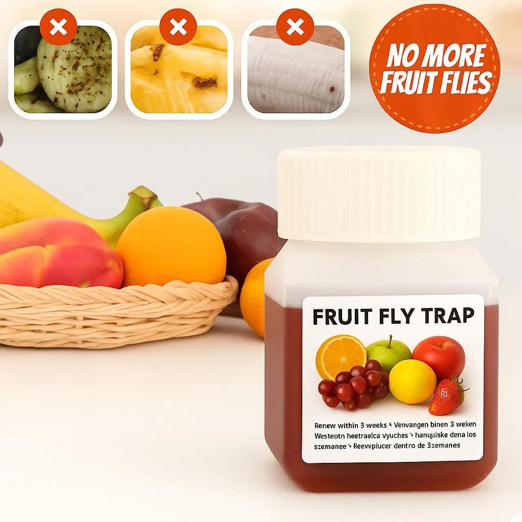 Bottle of SK003 fruit fly trapper bait liquid on a kitchen counter.