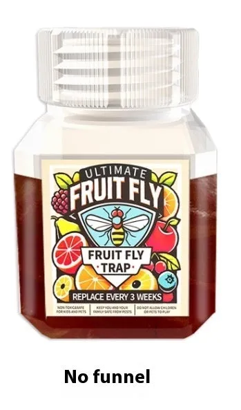 Bottle of SK003 fruit fly trapper bait liquid on a kitchen counter.