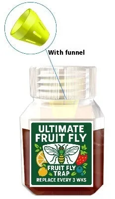 Bottle of SK003 fruit fly trapper bait liquid on a kitchen counter.