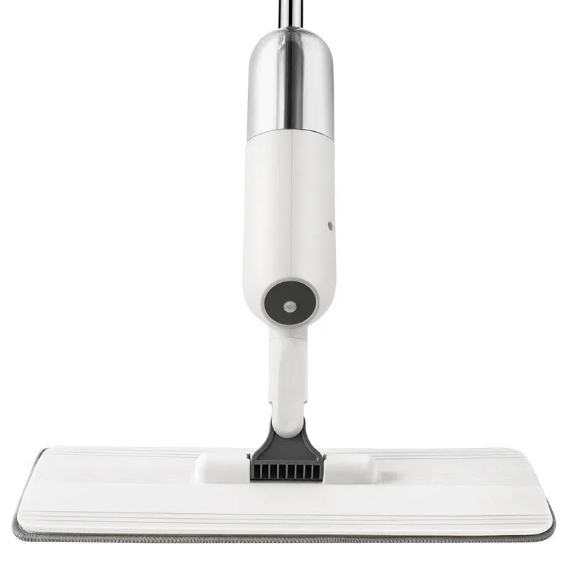 Flat cleaning mop with blue microfiber pad next to a white wringing bucket.