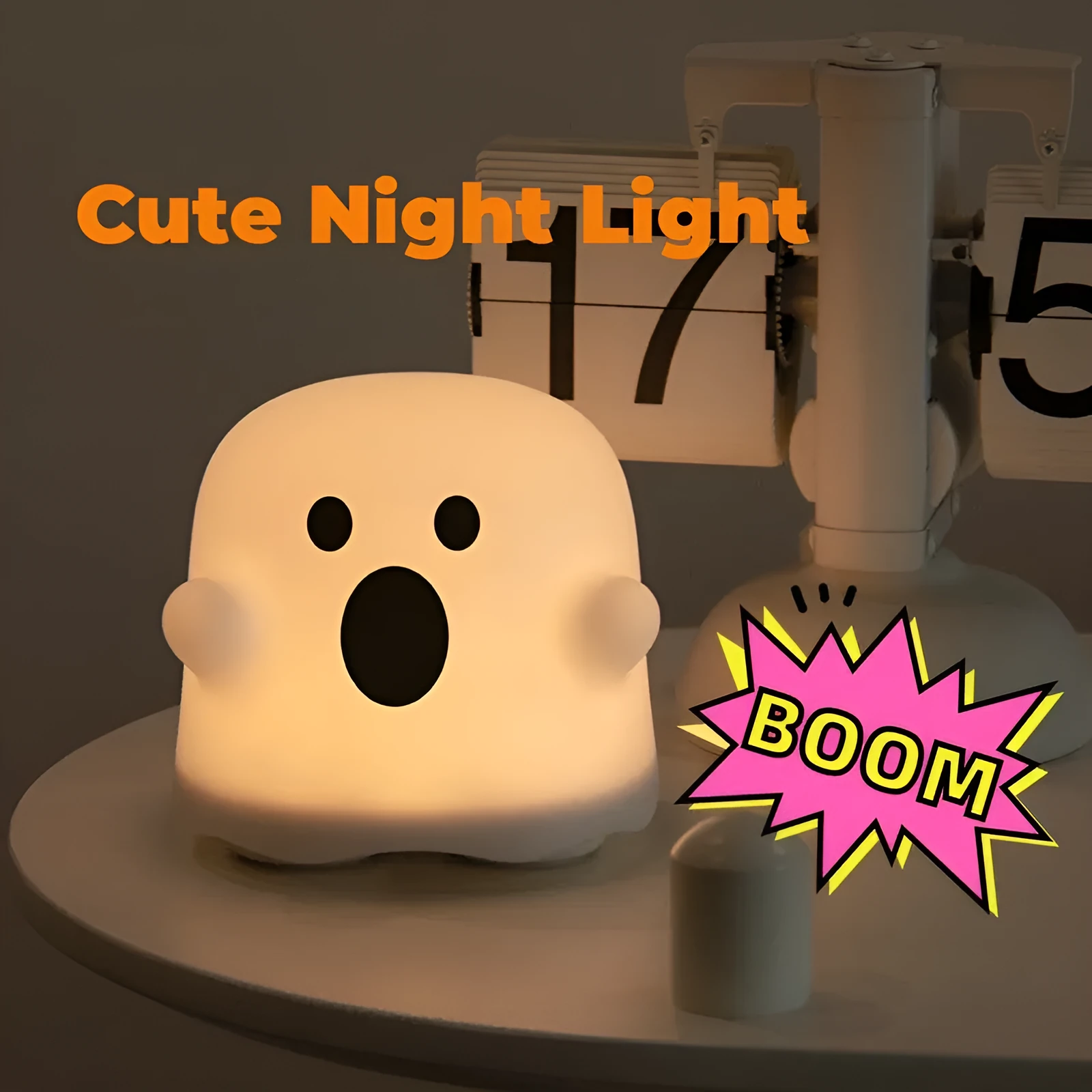Silicone touch sensor LED night light on a bedside table showing soft glow.