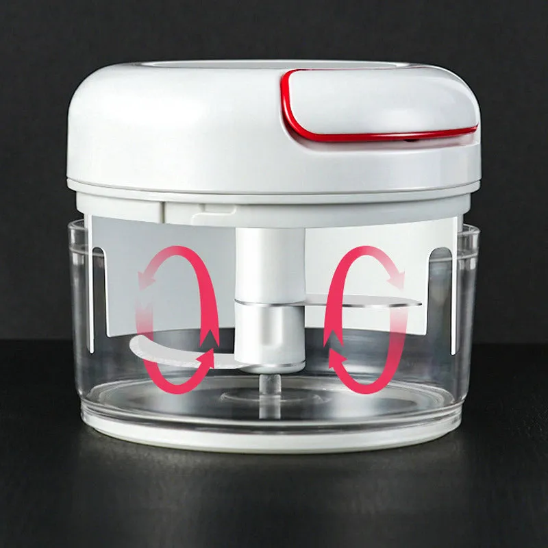 Compact manual food chopper with plastic housing and stainless steel blades for vegetable preparation