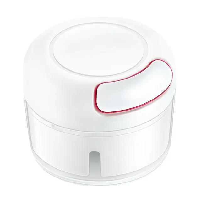 Compact manual food chopper with plastic housing and stainless steel blades for vegetable preparation