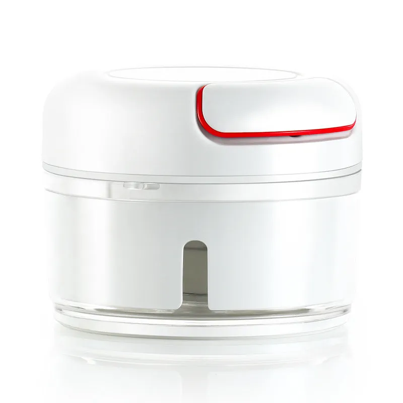 Compact manual food chopper with plastic housing and stainless steel blades for vegetable preparation