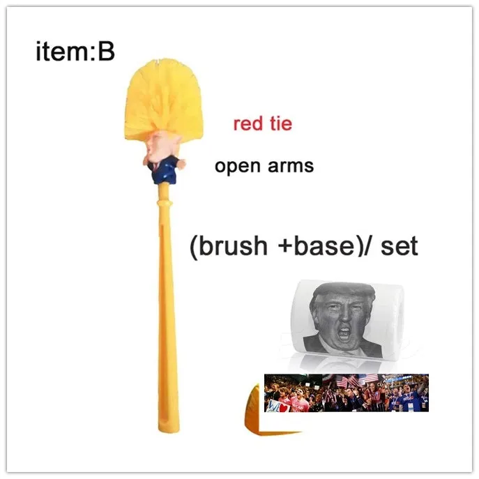 Yellow plastic Donald Trump toilet brush with 40cm length and hanging slot handle