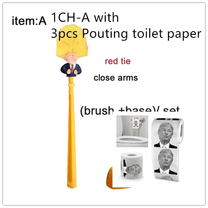 Yellow plastic Donald Trump toilet brush with 40cm length and hanging slot handle