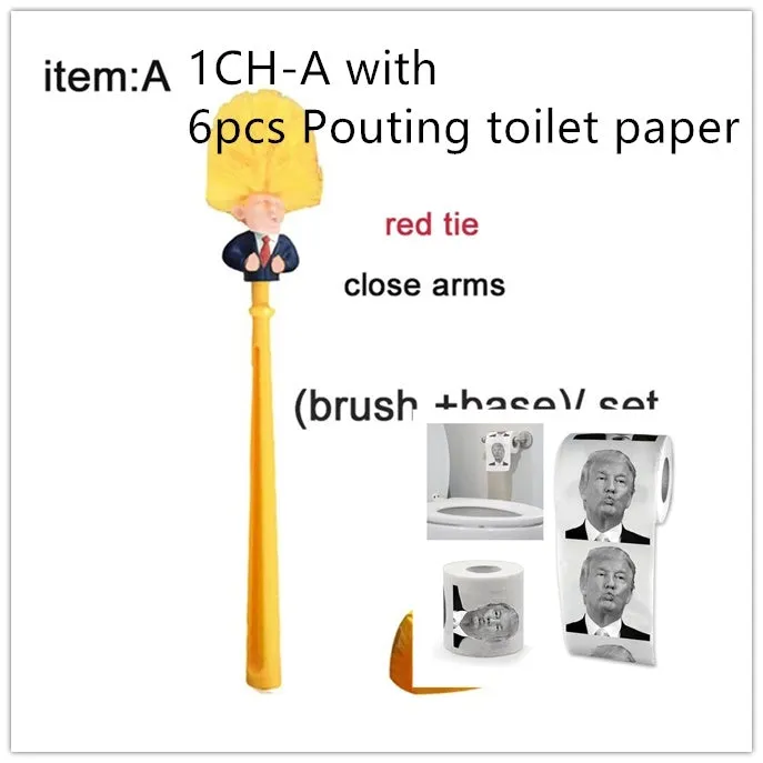 Yellow plastic Donald Trump toilet brush with 40cm length and hanging slot handle