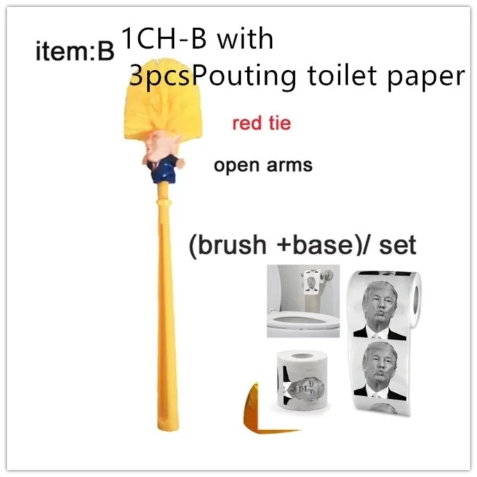 Yellow plastic Donald Trump toilet brush with 40cm length and hanging slot handle