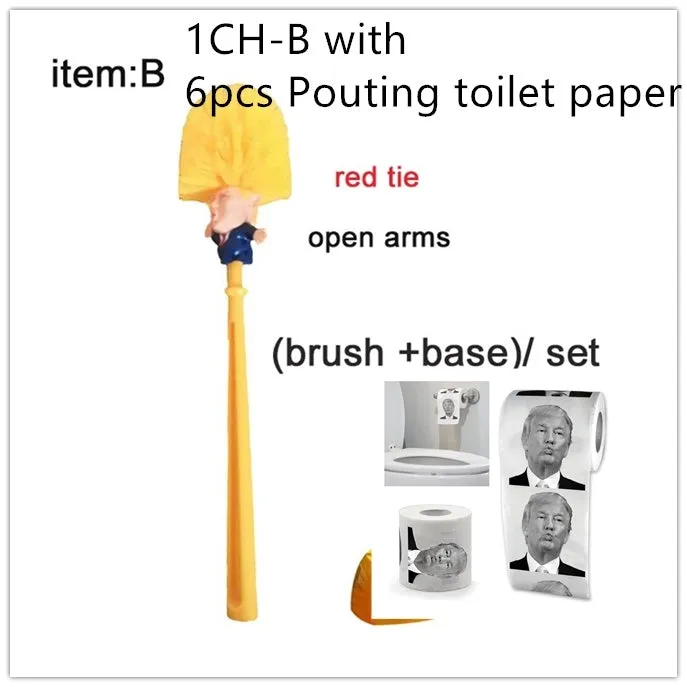 Yellow plastic Donald Trump toilet brush with 40cm length and hanging slot handle