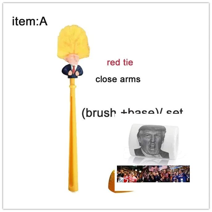 Yellow plastic Donald Trump toilet brush with 40cm length and hanging slot handle