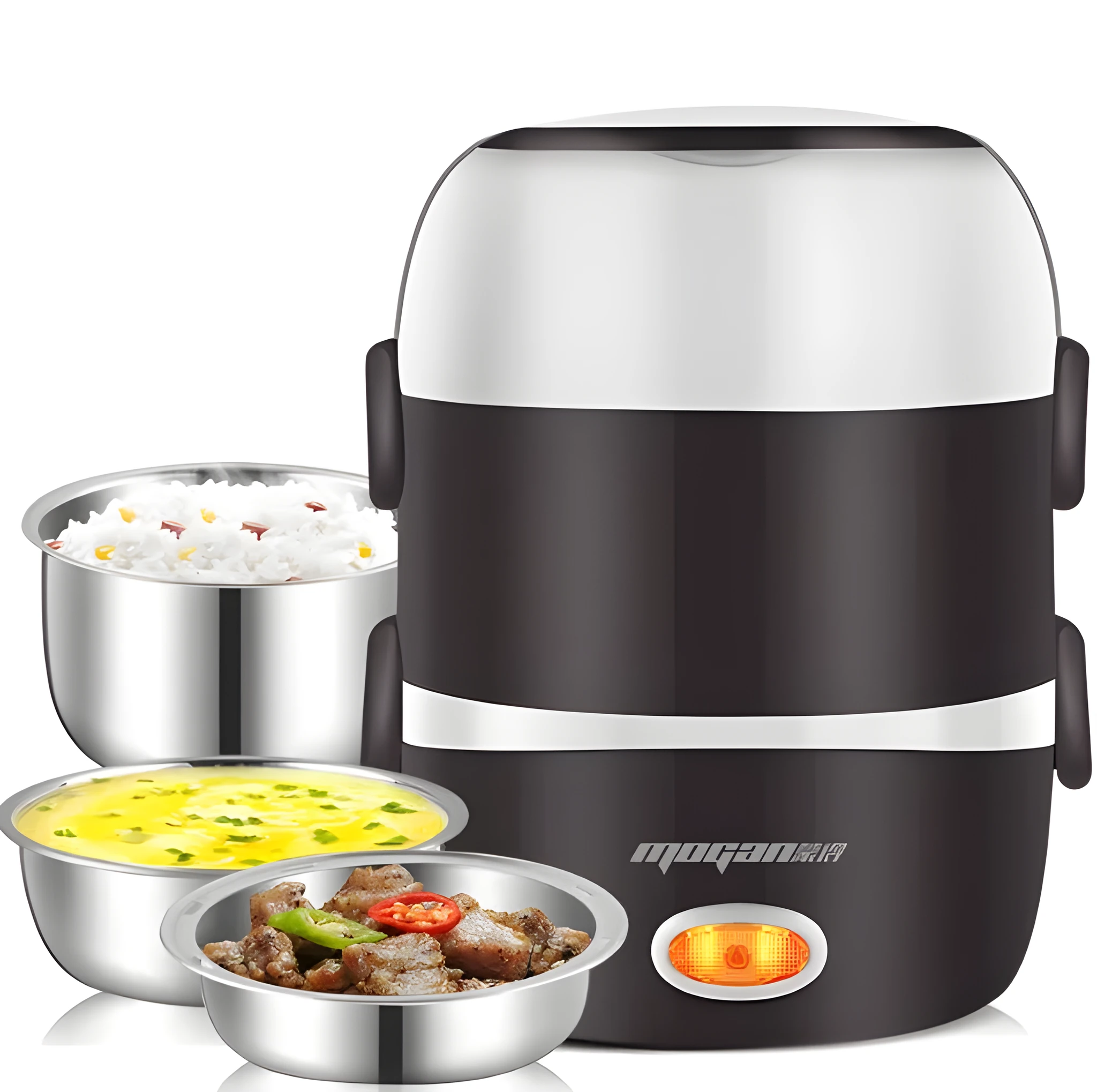 White rice cooker with 2L capacity and steaming basket options