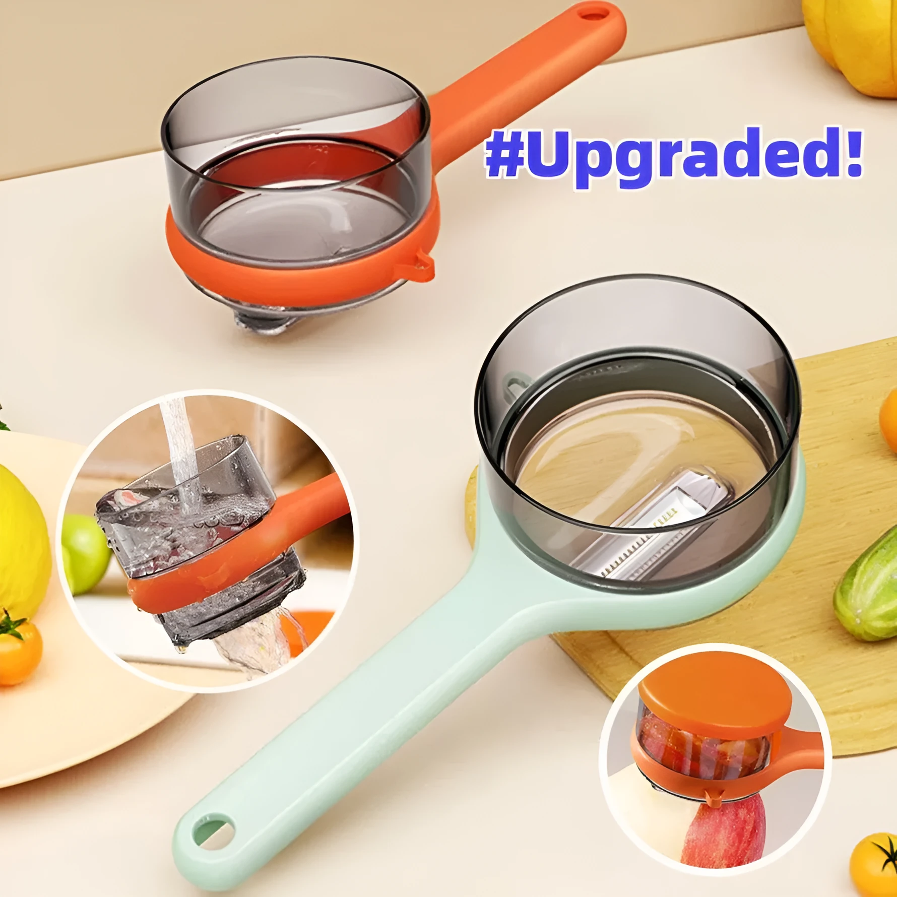 Light green kitchen peeler with a small orange storage bucket attached underneath the blade.