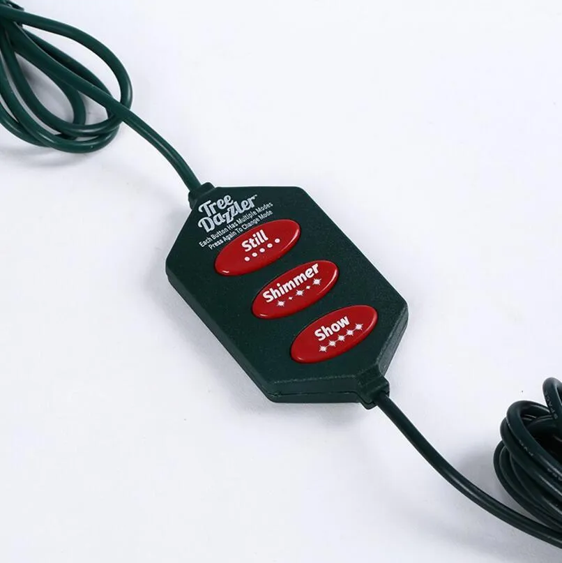 64-LED Christmas tree light string with colour-changing bulbs and integrated control button, 1.8 metres long with IP44 weather resistance