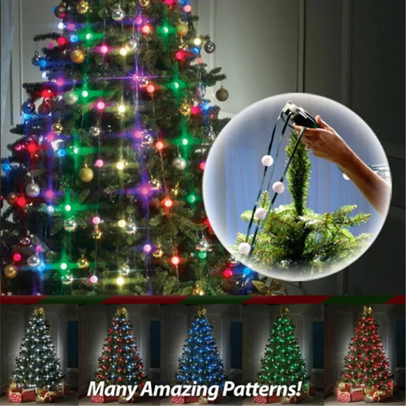 64-LED Christmas tree light string with colour-changing bulbs and integrated control button, 1.8 metres long with IP44 weather resistance