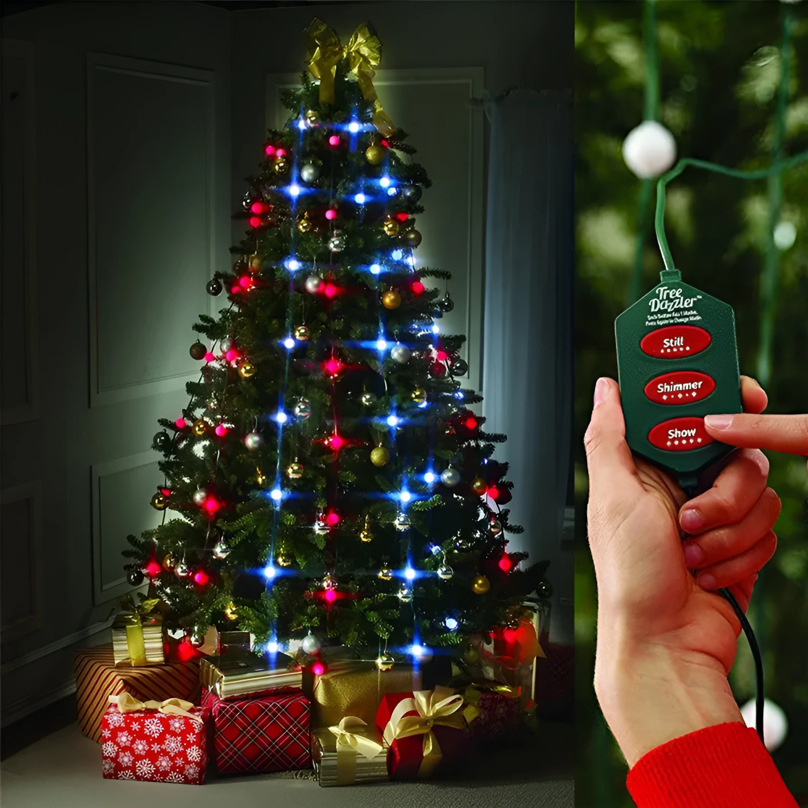 64-LED Christmas tree light string with colour-changing bulbs and integrated control button, 1.8 metres long with IP44 weather resistance