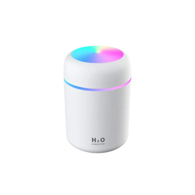 Pink car USB humidifier with LED lights showing water tank and control button