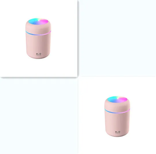 Pink car USB humidifier with LED lights showing water tank and control button