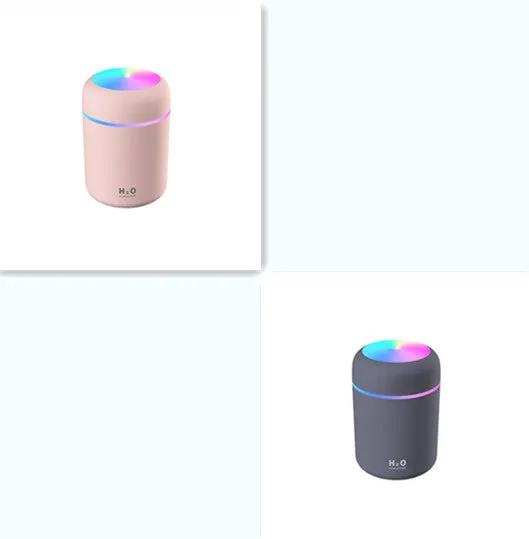 Pink car USB humidifier with LED lights showing water tank and control button