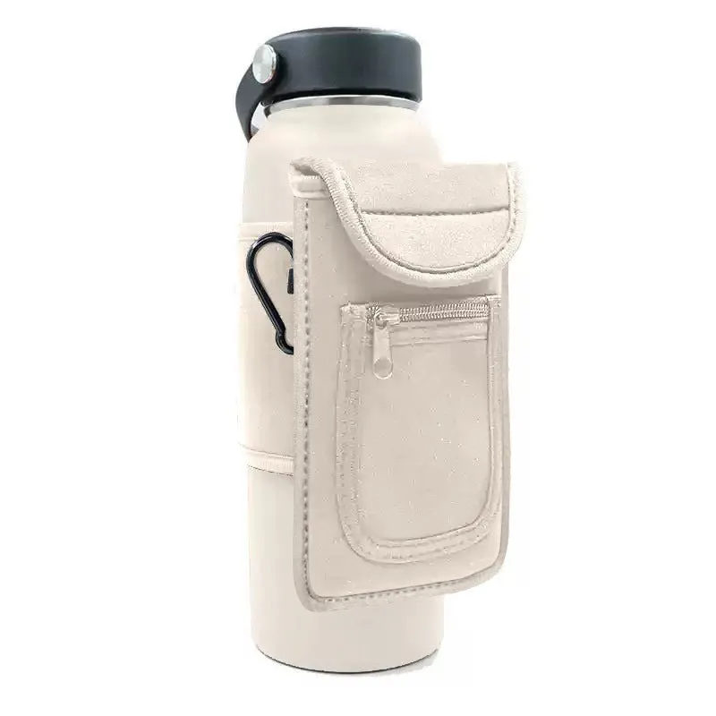 Cloth fitness bottle sleeve with magnetic closure or carabiner clip for large kettle bottles.