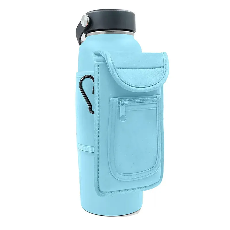 Cloth fitness bottle sleeve with magnetic closure or carabiner clip for large kettle bottles.