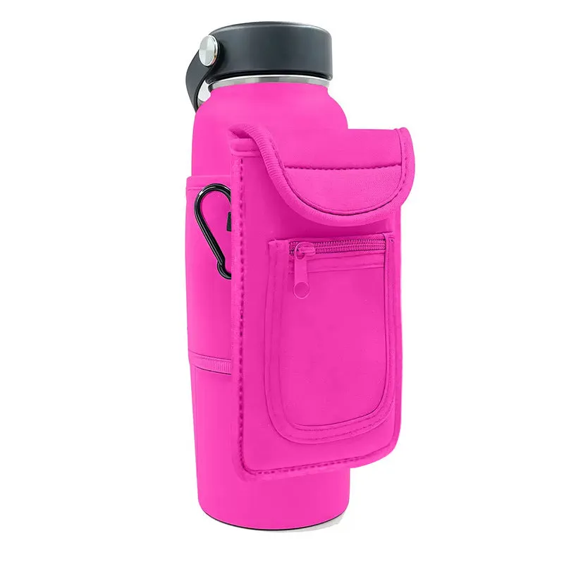 Cloth fitness bottle sleeve with magnetic closure or carabiner clip for large kettle bottles.