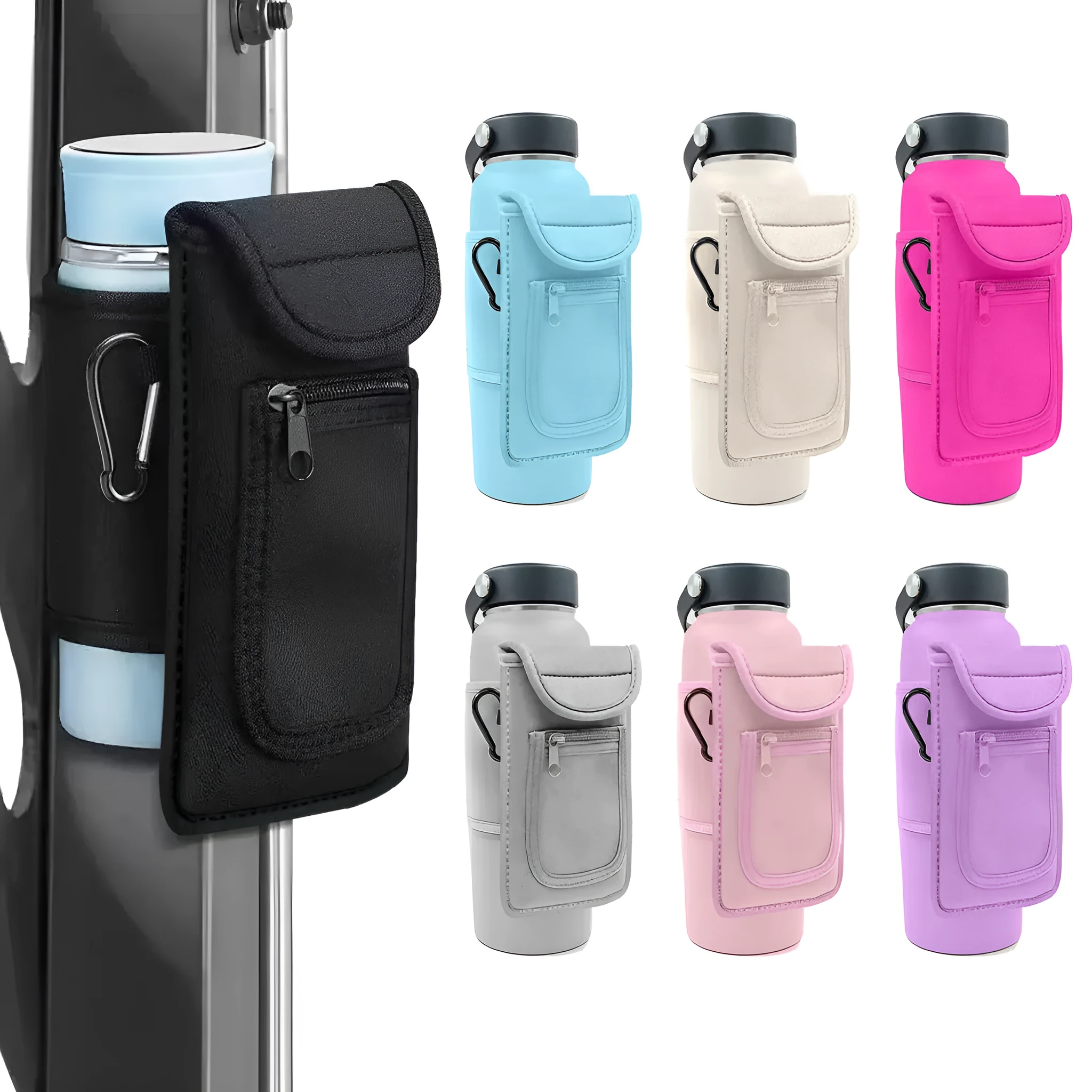 Cloth fitness bottle sleeve with magnetic closure or carabiner clip for large kettle bottles.