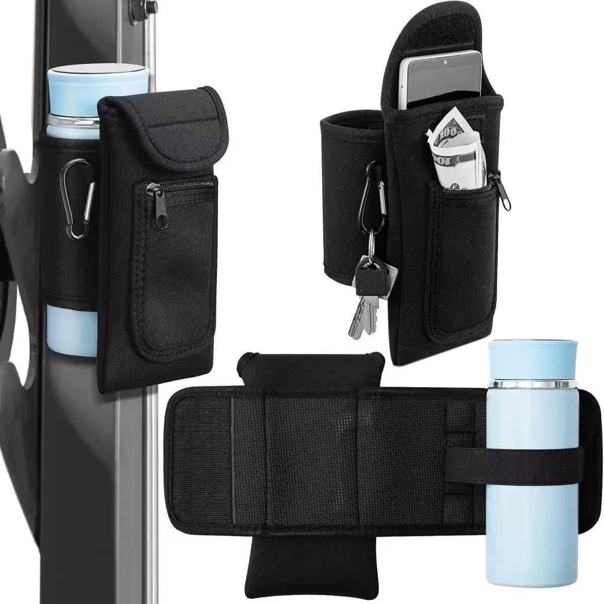 Cloth fitness bottle sleeve with magnetic closure or carabiner clip for large kettle bottles.