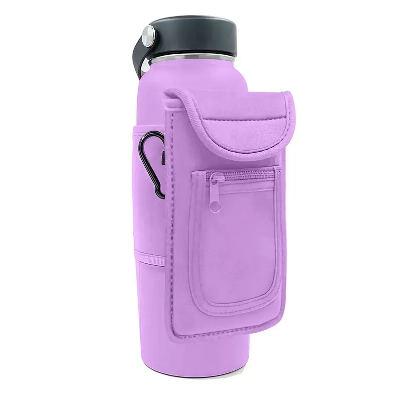 Cloth fitness bottle sleeve with magnetic closure or carabiner clip for large kettle bottles.