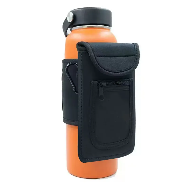 Cloth fitness bottle sleeve with magnetic closure or carabiner clip for large kettle bottles.