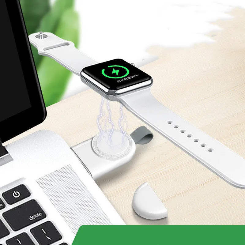 Portable white Apple Watch wireless charging dock with USB cable