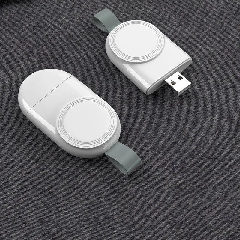 Portable white Apple Watch wireless charging dock with USB cable